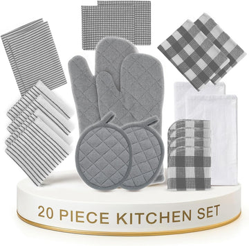 Kitchen Towels and Oven Mitt Set 20 Pc - Lint Free Cotton Dish Towels Drying, Cozy Terry Dish Rags, Flour Sack Towels