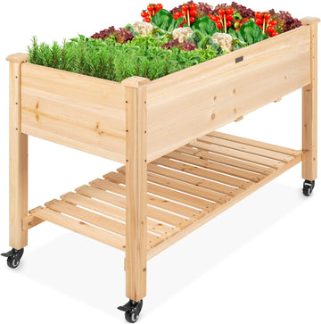 Best Choice Products Raised Garden Bed 48x24x32-inch Mobile Elevated Wood Planter w/Lockable Wheels, Storage Shelf