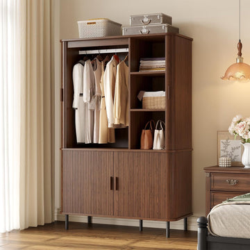Armoire Wardrobe Closet with Sliding Doors, 71" Bedroom Armoires, Walnut | with 2 Drawers, with Hanging Rod and