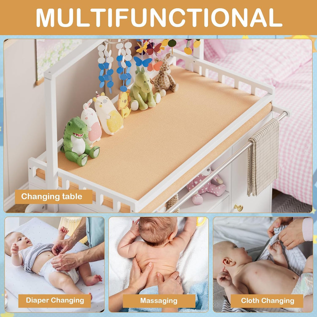 Baby Changing Table, Infant Diaper Changing Station with Wheels & Wide Table Top & Clothes Rail, Baby Changing Table