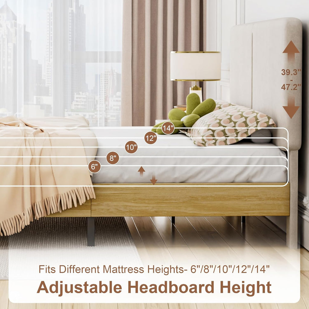 Queen Bed Frame Upholstered Platform Beds with Height-Adjustable Cotton and Linen Headboard, Heavy Duty Wood Slats