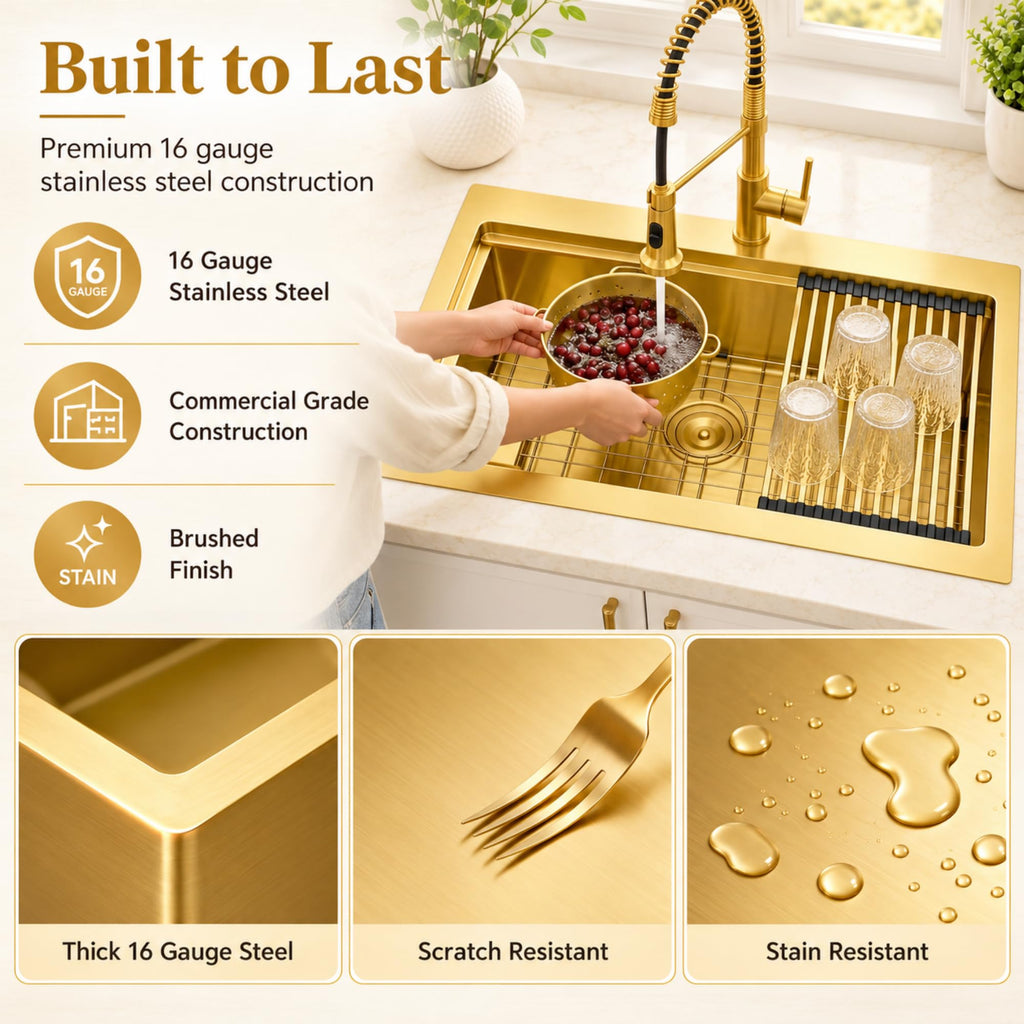 Drop In Gold Kitchen Sink 33"X22", Single Bowl Modern Kitchen Sink