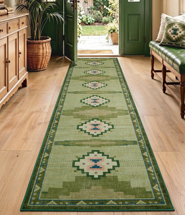 Washable Green Mid Century Modern Runner Rug