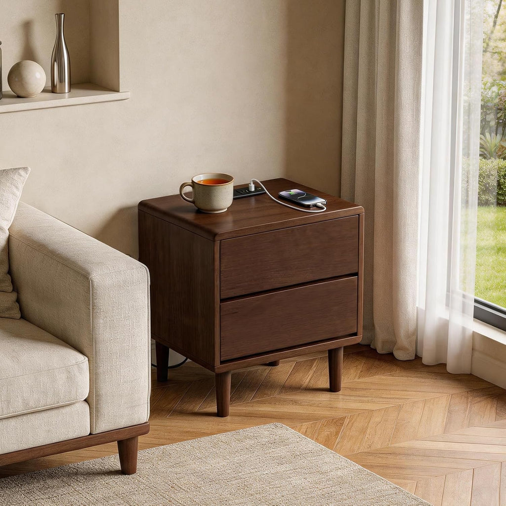 Solid Wood Nightstand with Charging Station,USB-C Port, 15.7 inch Wide End Table with 2 Drawers, Modern Wood Bedside