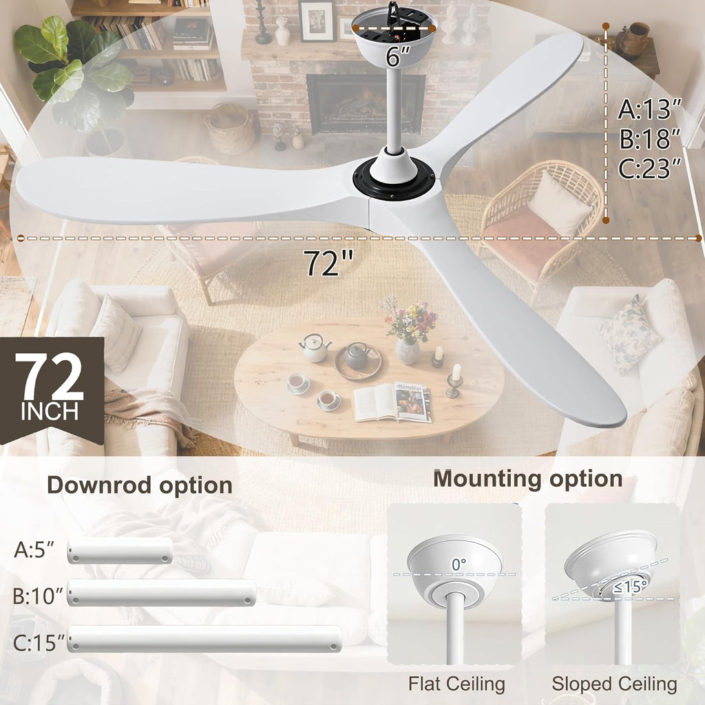 72 inch White Ceiling Fan with Light and Remote