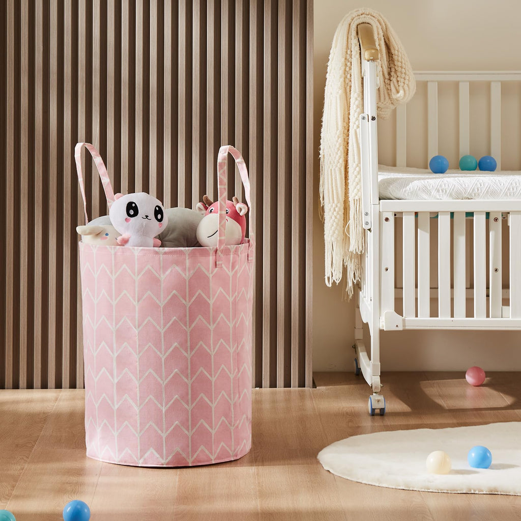 Baby Laundry Basket Nursery Hamper with Long Handles, Pink Geometry 2 Pcs