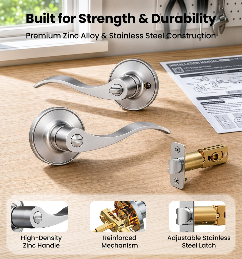 Privacy Door Handle with Lock, Door Lever for Bed/Bath, Satin Nickel