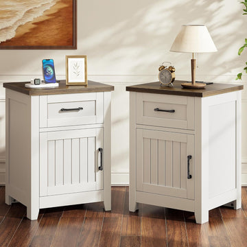 Farmhouse Nightstand with Charging Station, Set of 2 Modern End Tables with Large Storage and One Drawers, Outlets