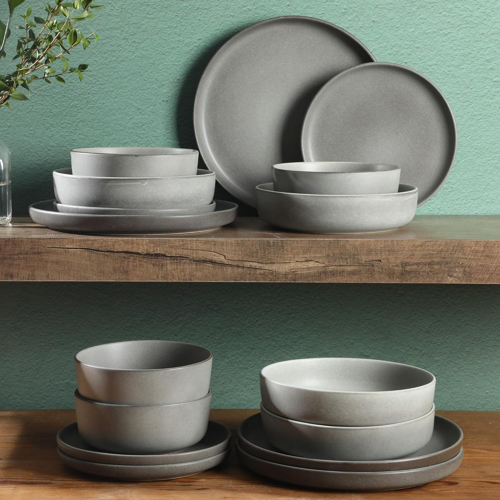 Pasco 16 Piece (Service for 4) Plates and Bowls Double Bowl Reactive Glaze Dishes Stoneware Ceramic Dinnerware Set