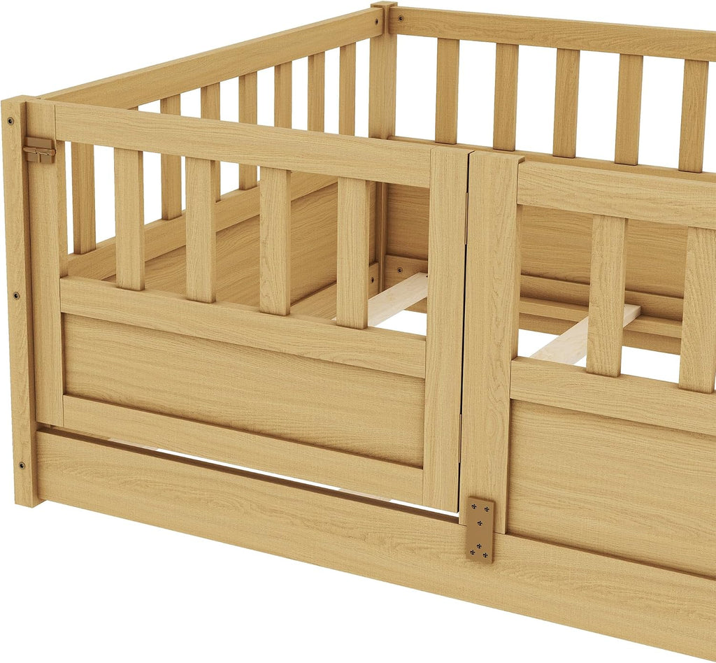 Twin Size Floor Bed with Fence and Door, Montessori Floor Bed with Slats, Twin Size Montessori Beds for Kids, Girls