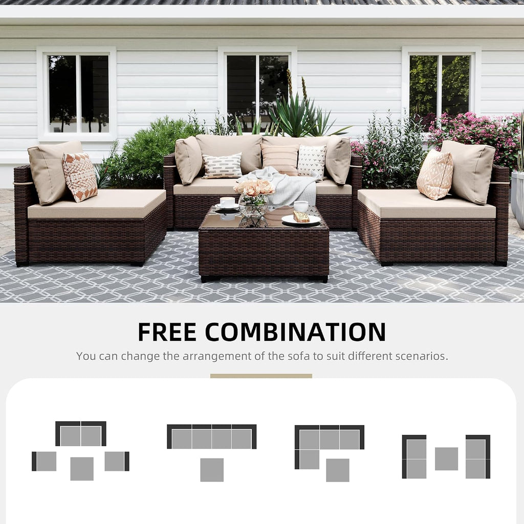 5-Piece Wicker Patio Furniture Set with Coffee Table, Beige | Outdoor sectional sofa set, patio conversation set for