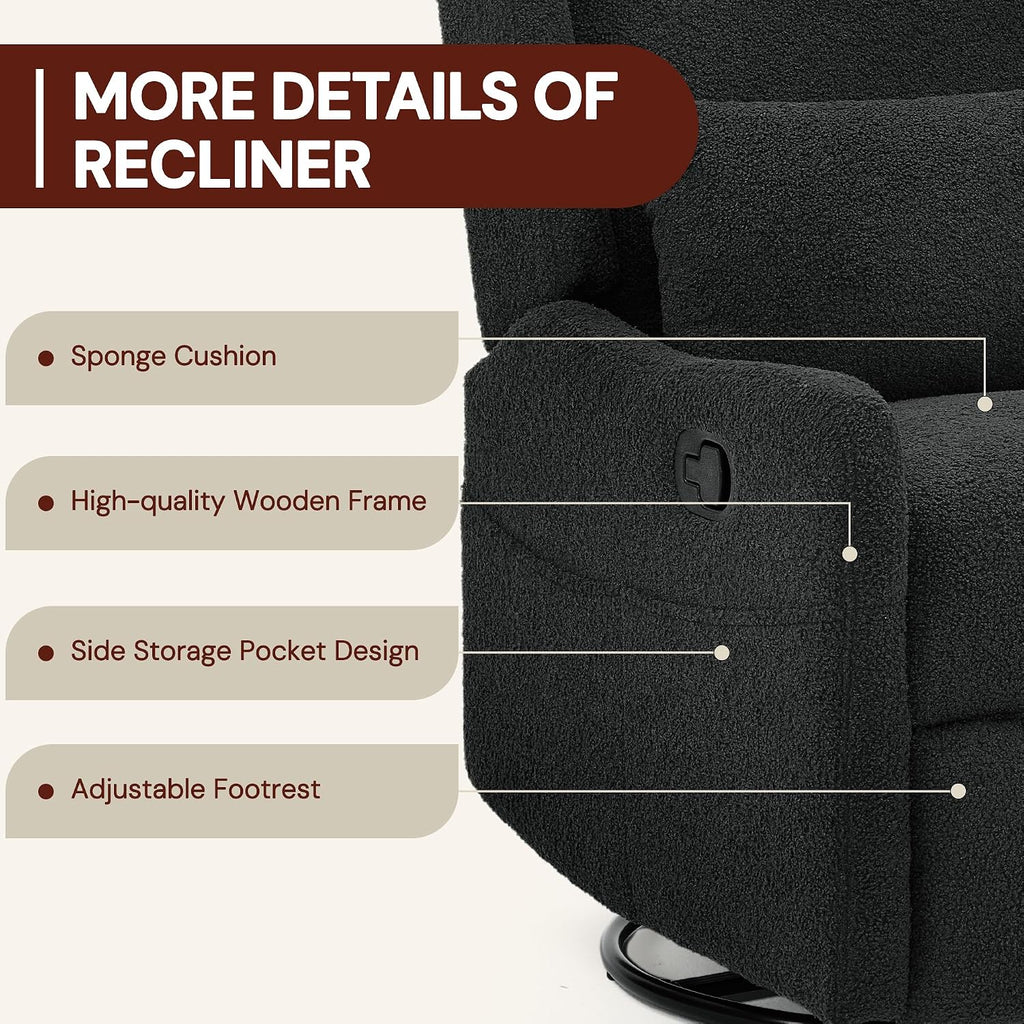 Glider Recliner Rocking Chair, 360° Swivel Boucle Nursery Chair, Comfy Upholstered Recliner,Black