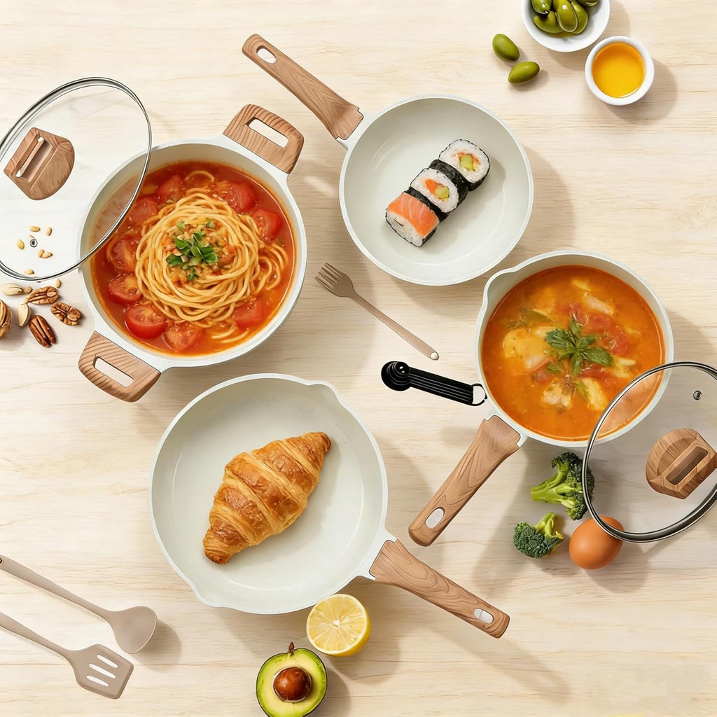 25Pcs Ceramic Cookware Set, Nonstick & Non-Toxic Healthy Pots and Pans, Heat-Resistant Handles, Induction Cookware