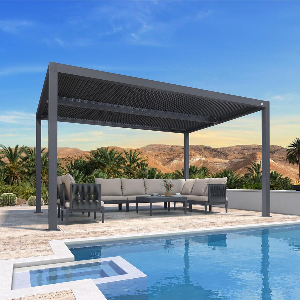 LED Louvered Pergola 94AS 10'x 14' Full Aluminum Frame and Adjustable Roof Integrated Strip Lights for Outdoor Deck