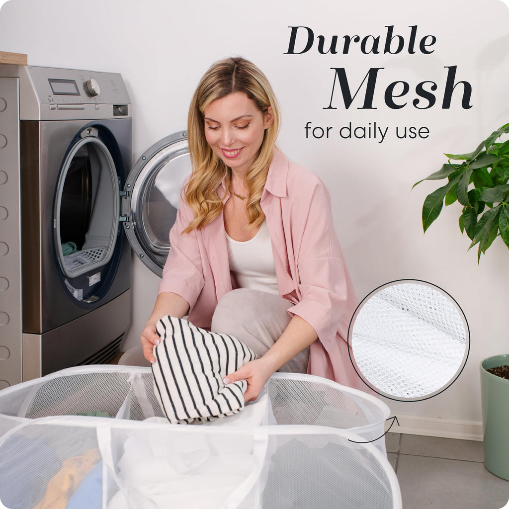 Collapsible Laundry Basket, 3-Compartment Mesh Laundry Sorter, Foldable Pop Up Hamper with Handles, Space-Saving