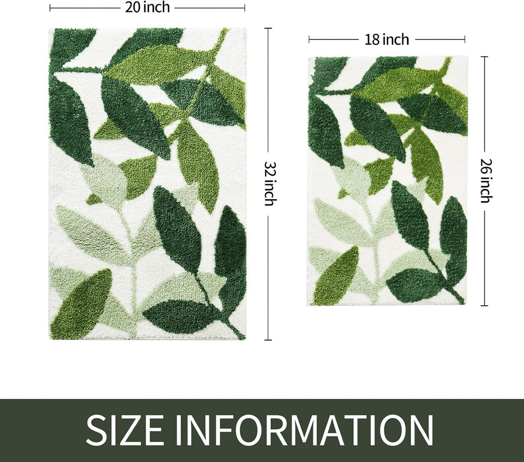 Green Bathroom Rug Set 2 Piece, Non-Slip Strong Water Absorbent Plush Microfiber Bath Mat Rug Set, Machine Washable