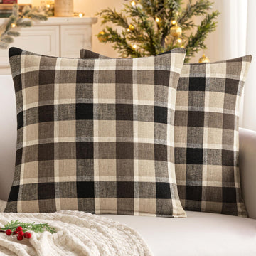 Christmas Decorative Plaid Pillow Covers Coffee and Brown 20x20