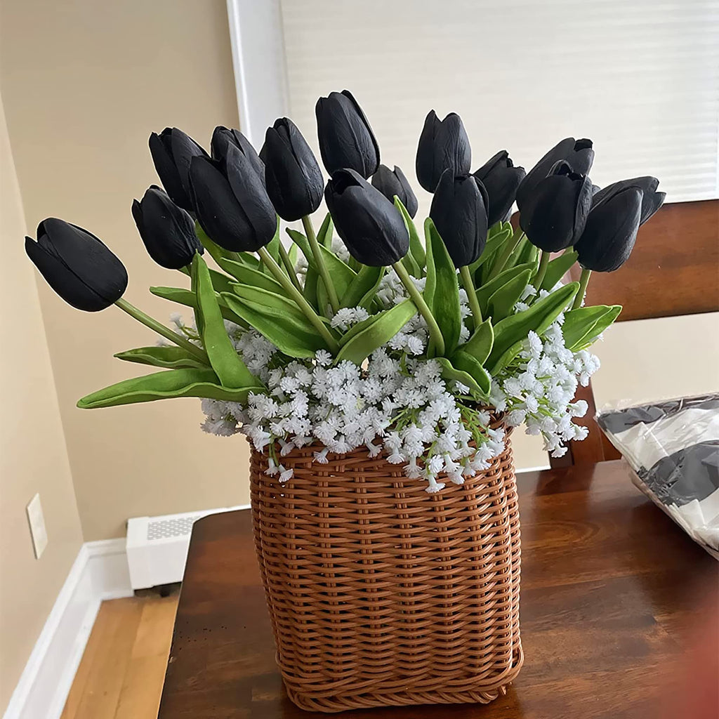 24 Pcs Black Flowers Tulip Artificial Flowers Real Touch PU Tulip Flowers Decorations Centerpieces Arrangement