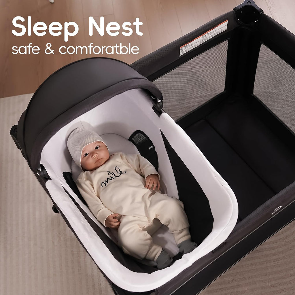 4 in 1 Baby Playards with Bassinet & Changing Table, Portable Crib Breathable Mesh and Toy Mobile