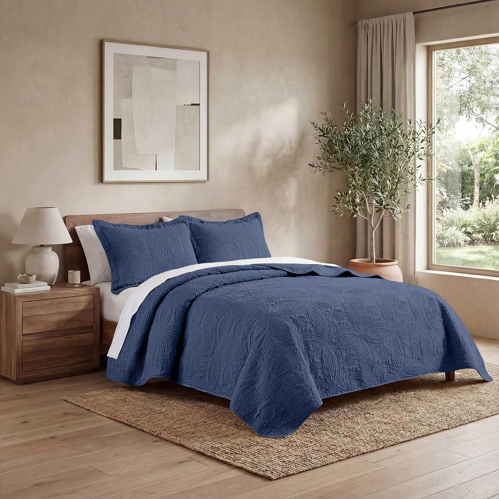 Queen Quilt Bedding Sets,Dark Blue Ultrasonic Lightweight King Coverlet,Coin Pattern Soft Bedspreads for All Season