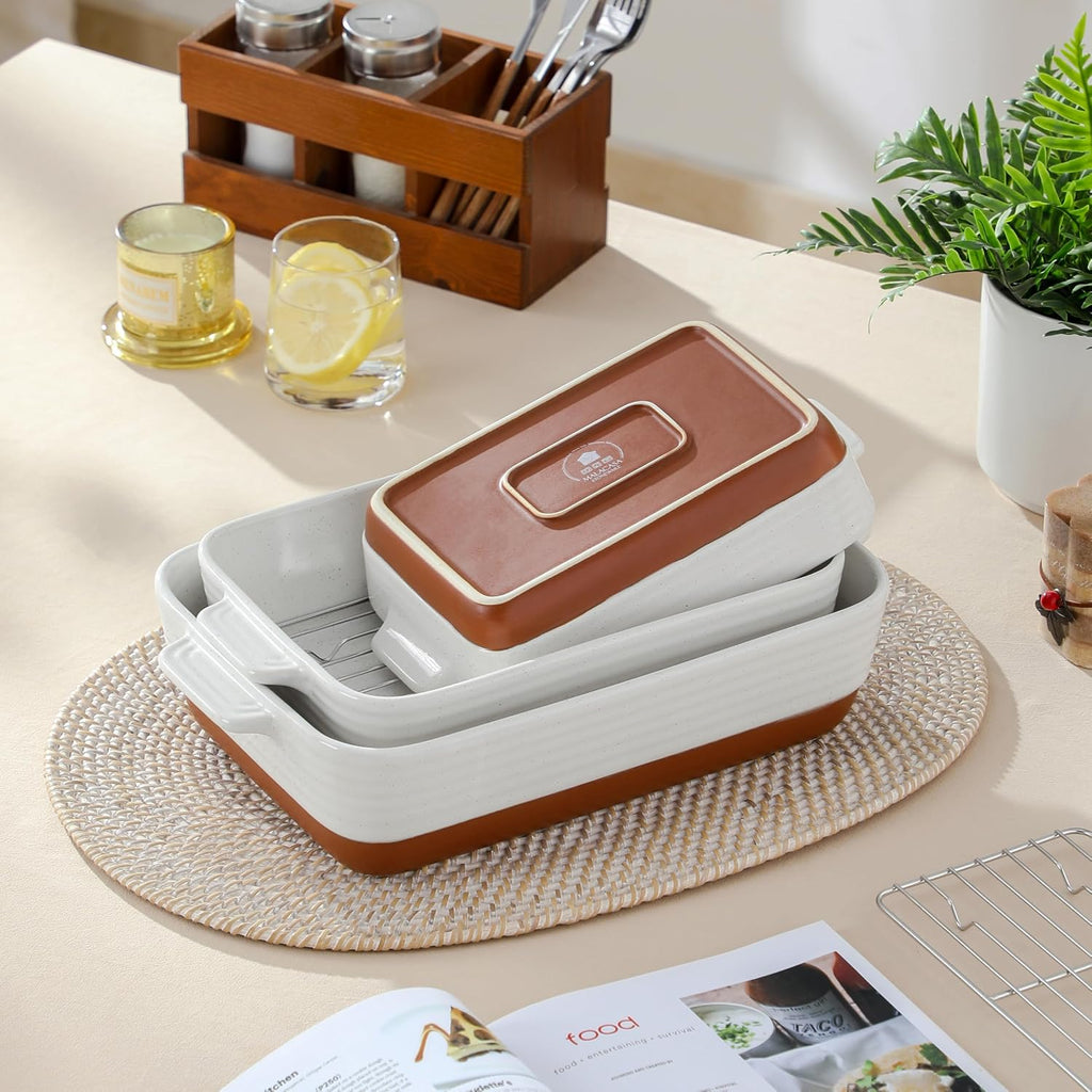 Casserole Dishes for Oven with Roasting Racks, Ceramic Dishes Set of 3, Pan Casserole Dish Set, Rectangular Lasagna