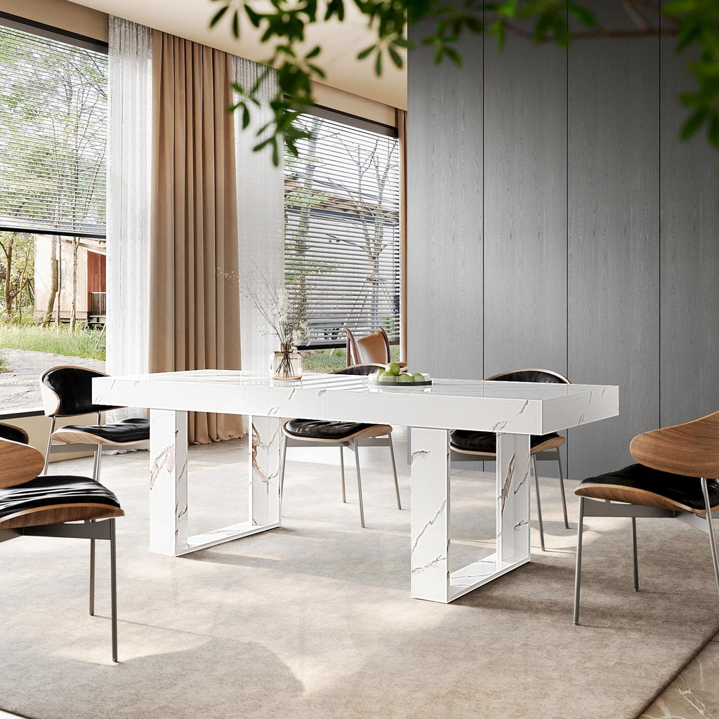 71-87 Inch White Extendable Dining Table, Seats 6-10, Modern Kitchen Table