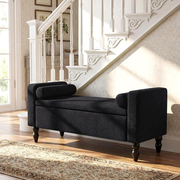 End of Bed Bench , 45.7" Linen Storage Ottoman Bench with Removable Pillows, Upholstered Entryway Bench with Solid