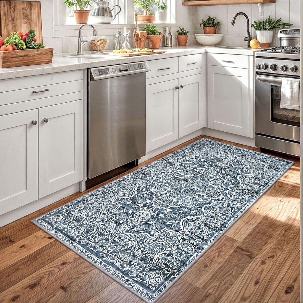 3x5 Entryway Rug Non-Slip Washable Area Rugs, Vintage Floral Kitchen Rugs Blue White, Ultra Soft Pri