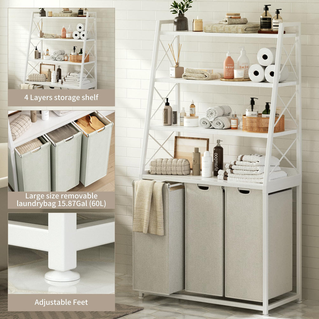 3 Section Laundry Hamper Laundry Basket with 4 Tiers Shelf