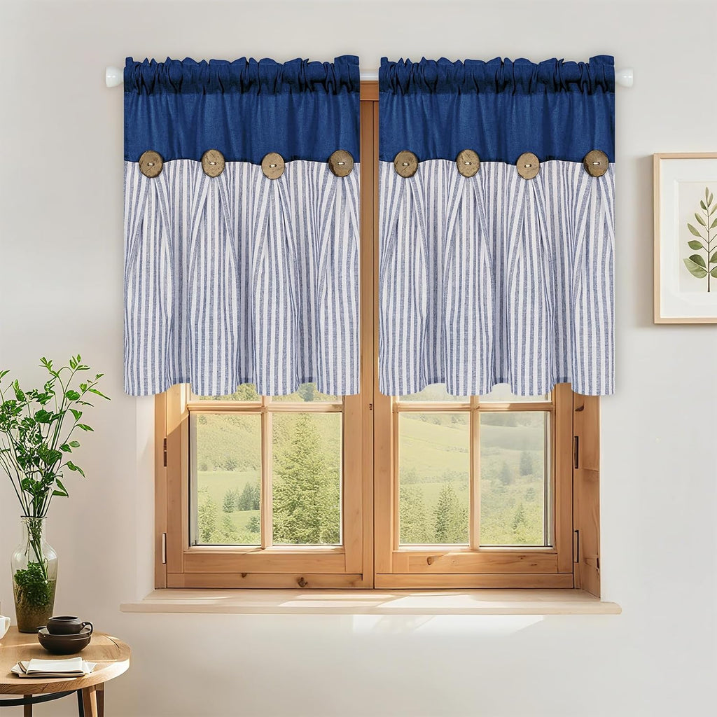 Farmhouse Curtains, Boho Bedroom Curtains with Rustic Buttons, Cotton Linen Back Tab Drapes Blue Striped Light