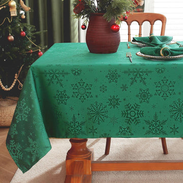 Christmas Green Tablecloth Rectangle, Jacquard Spill Proof Table Cloth with Snowflake Patterns, Damask Table Cover