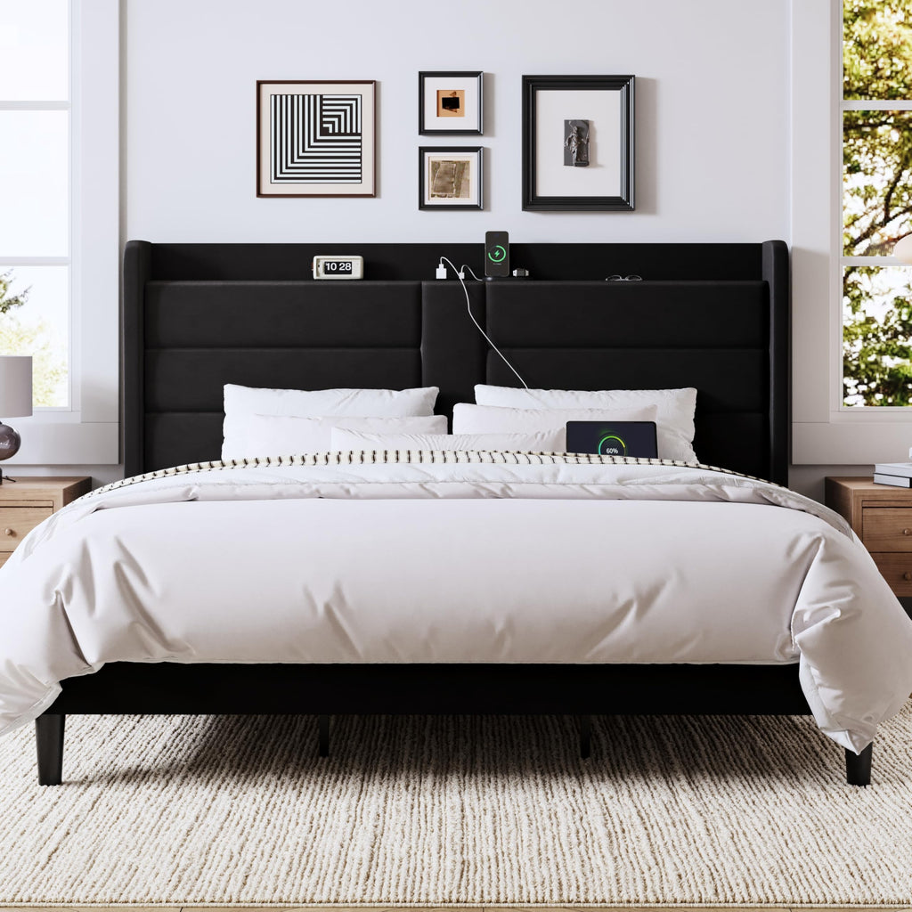 King Size Platform Bed Frame with Charging Station & Storage Headboard, Upholstered Velvet Wingback Design & USB