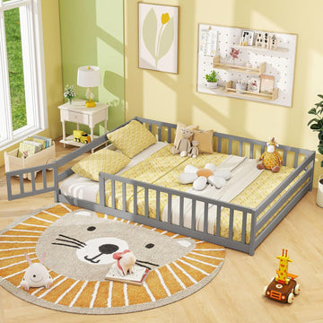 Full Floor Bed with Door & Fence, Kids Wood Montessori Beds with Safety Guardrails, Floor Bed Twin for Kids, Boys