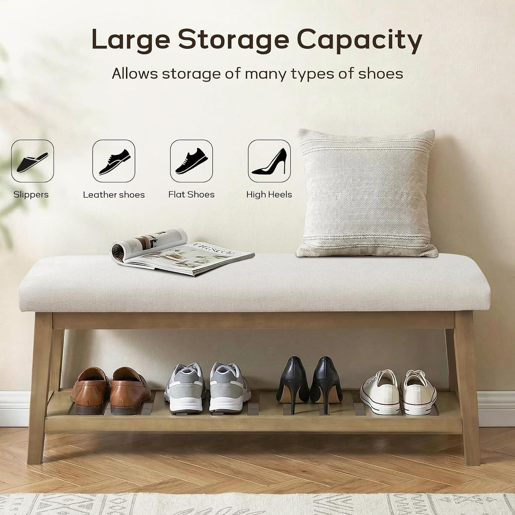 Entryway Bench with Cushion, Upholstered Shoe Rack Bench with Solid Wood Shelf, 44" End of Bed Bench , Chenille
