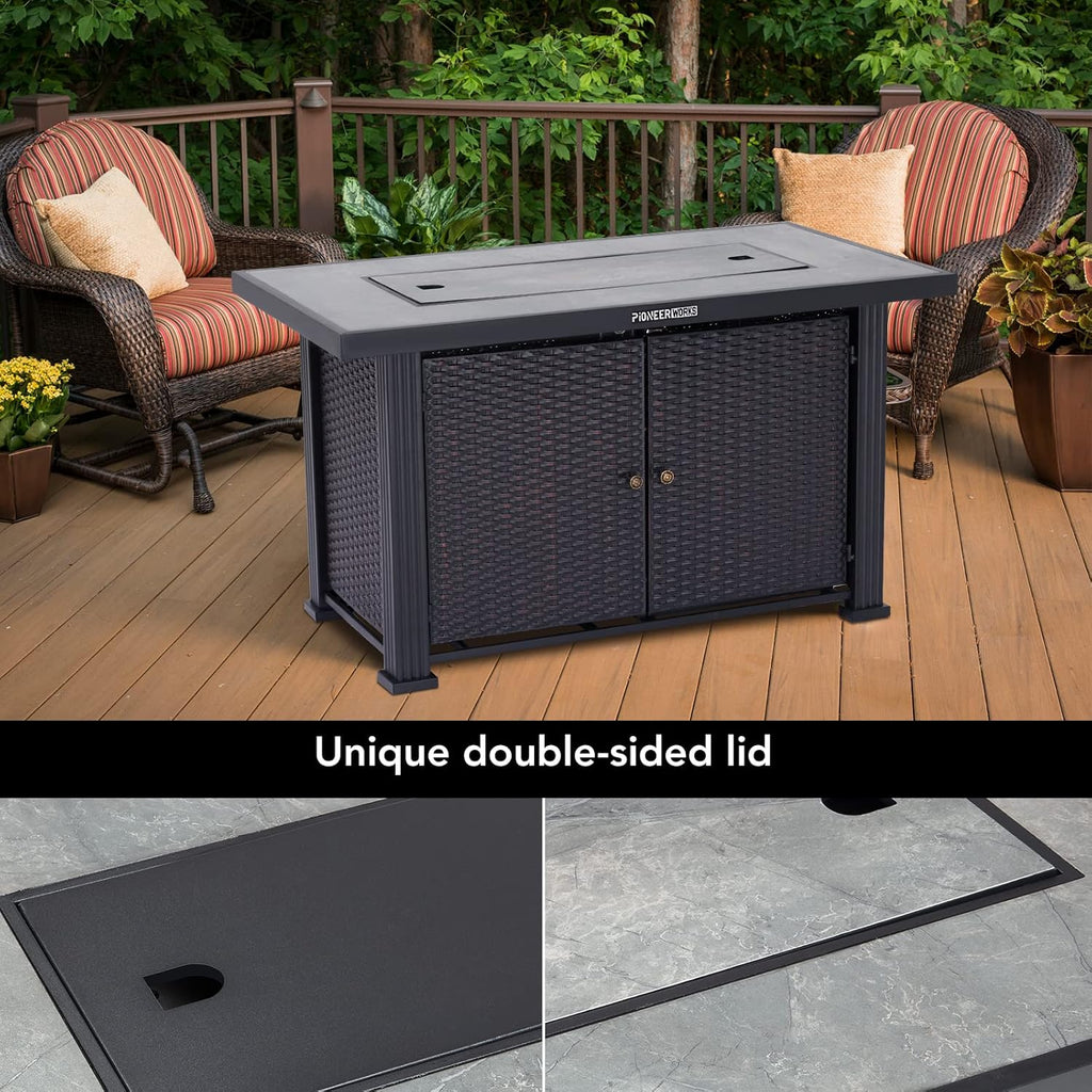 44 in Propane Fire Pit Table (Double Door), 50000BTU Rectangle Fire Table with Cover & Rain Cover, Sturdy Steel and