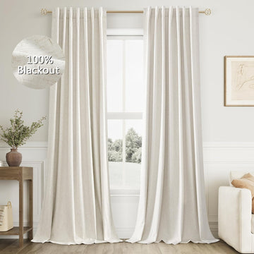 Cream 100% Blackout Linen Curtains Ceiling to Floor 2 Panels for Living Room Bedroom Back Tab