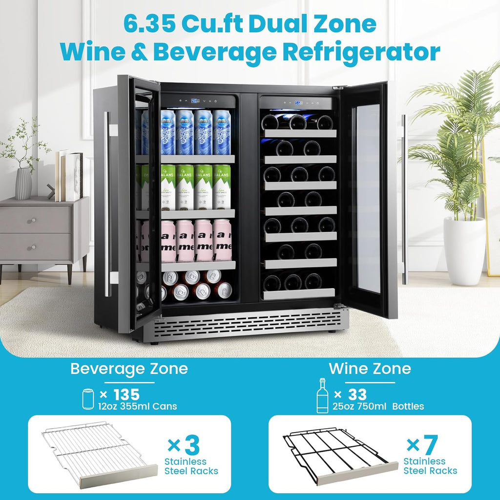 30 Inch Wine and Beverage Refrigerator, Beverage Fridge Cooler Under Counter