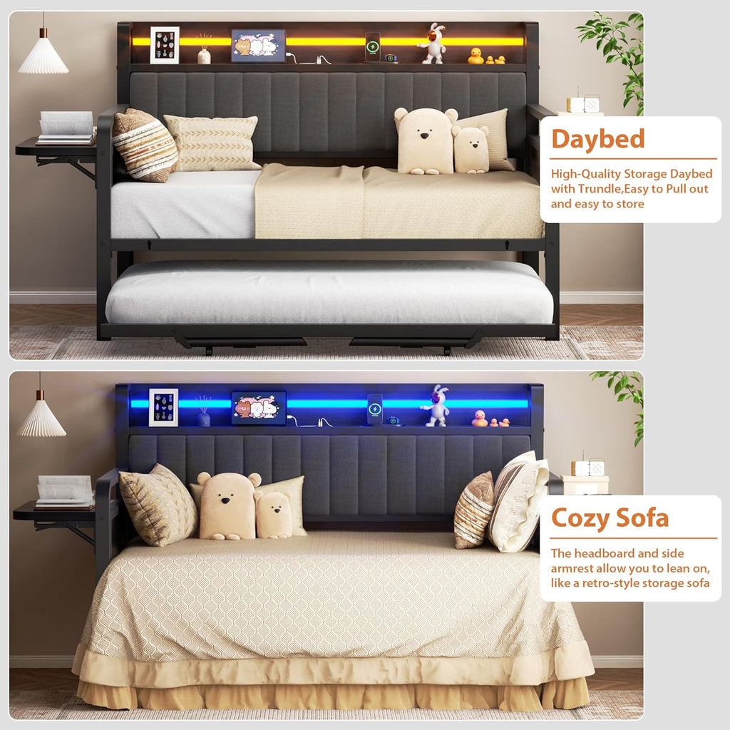 Daybed with Trundle and LED Light, Heavy Duty Metal Twin Bed Frame with Upholstered Storage Headboard & Charging