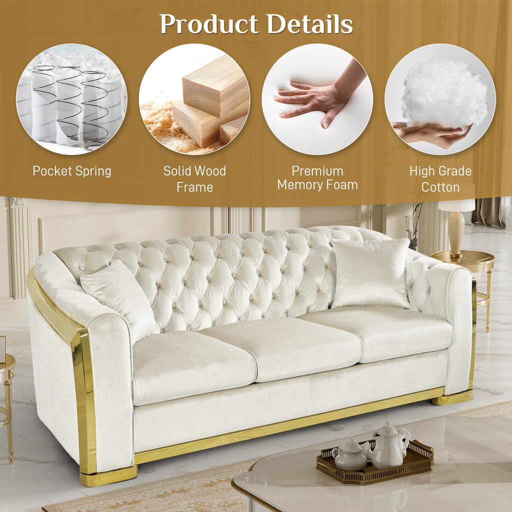 84" Luxury Oversized Velvet Chesterfield Sofa, White and Gold Couch