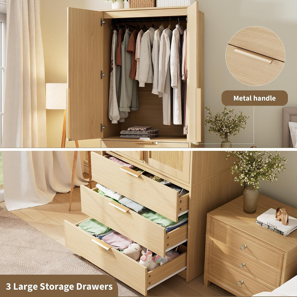 70" Wardrobe Armoire Wooden Closet with 3 Drawers, Oak | Bedroom Armoire with Hanging Rod Shelf, Large Capacity