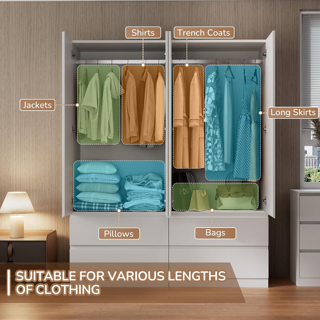 White Armoire Wardrobe Closet with Large Capacity, 78.74" Tall Bedroom Armoire, Wooden Wardrobe Cabinet with 2