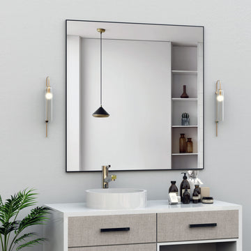 36x36 Inch Bathroom Mirror, Square Vanity Wall Mirror, Modern Non-Rusting Metal Frame Bathroom Mirror, Suitable, Black