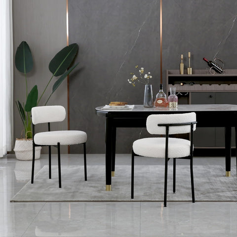 White Boucle Dining Chairs Set of 2, Upholstered Kitchen and Dining Room Chairs with Curved Backrest and Black Metal Legs