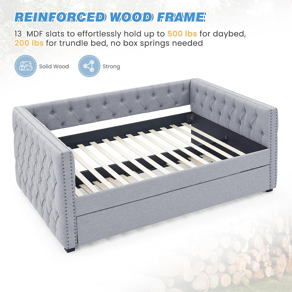 Daybed with Trundle, Modern Upholstered Full Size Day Bed Button-Tufted Sofa Daybed Frame with A Roll-Out Trundle, No