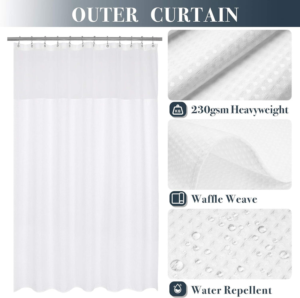 Waffle Weave Shower Curtain with Snap-in Liner Set White, 71x72 | 12 Metal Hooks Included, Snap on/off Fabric Liner