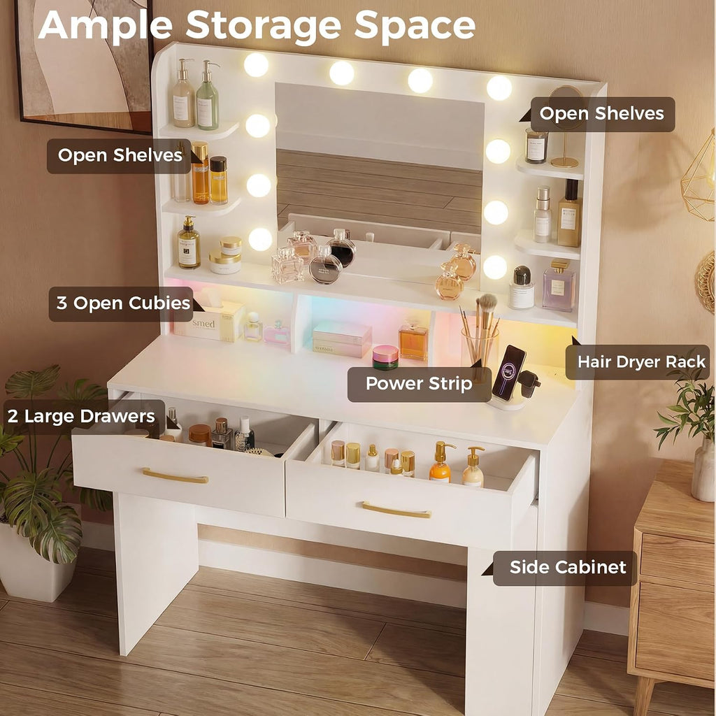 Vanity Desk with LED Lights Mirror & Charging Station, Makeup Vanity with Storage Drawers and Shelves, Modern