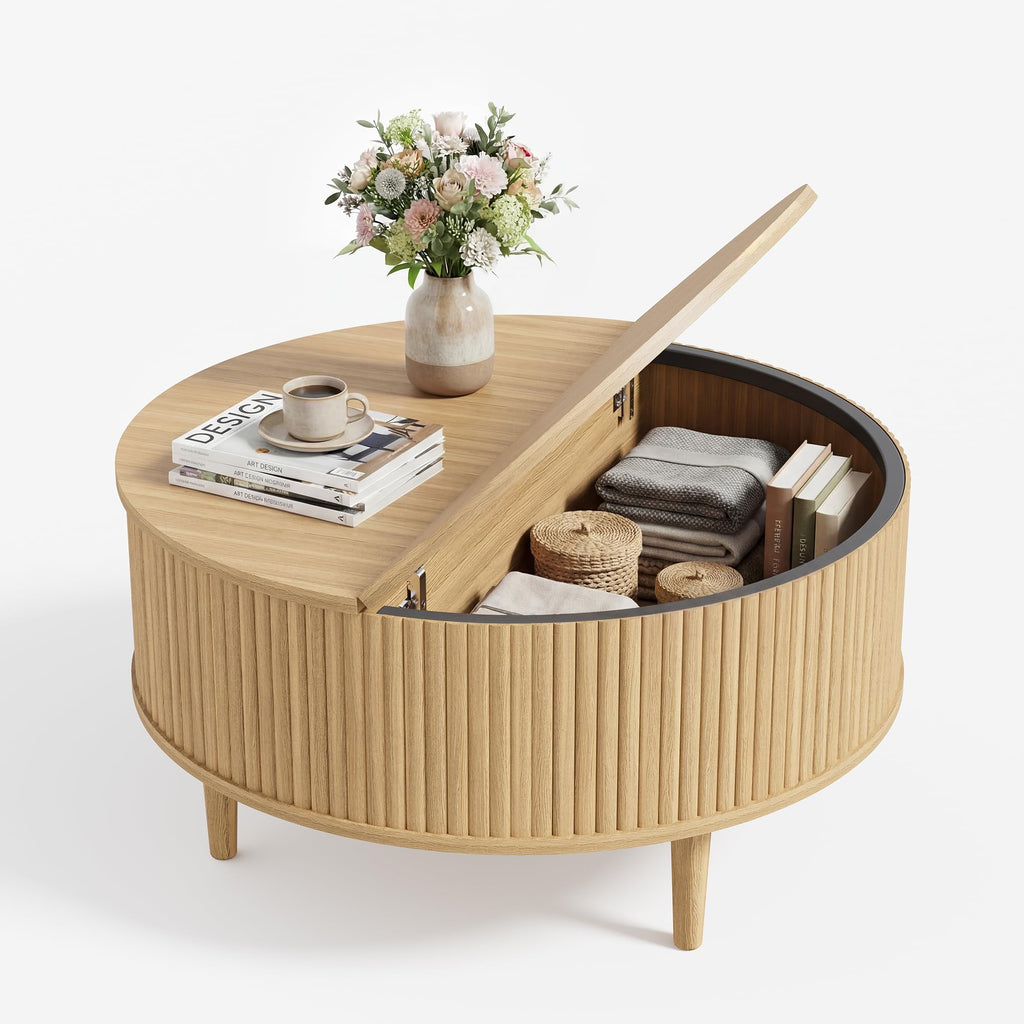 31.5" Round Coffee Table with Lifting Top, Storage, Oak