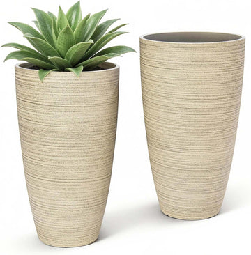 2-Pack Large Tall Planters with Saucer - 6.8 Gallons /12x21 Inch Faux Stone Finish Round Flower Pots for Indoor