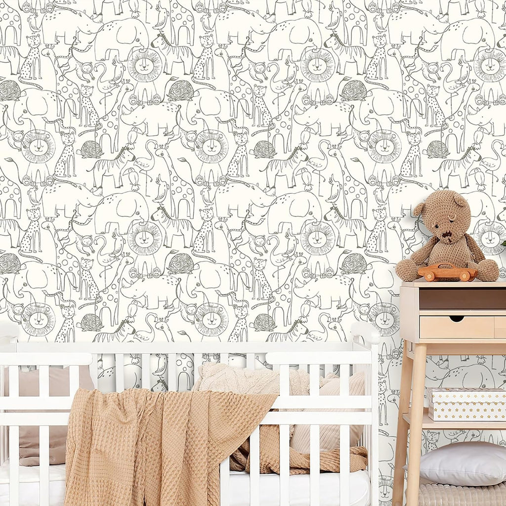 17.5x276 Neutral Animal Peel and Stick Wallpaper Fun Kids Wallpaper Playroom Accent Wall Covering Baby Girl Nursery