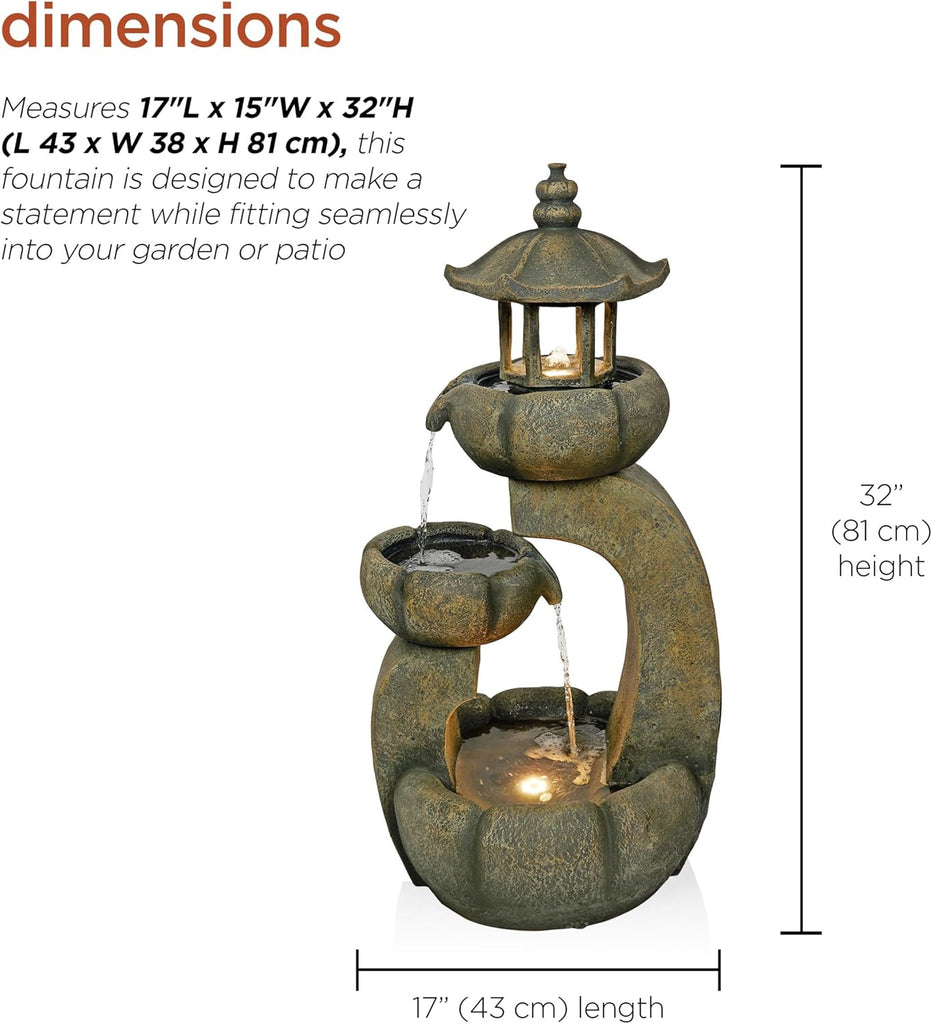 32" Tall 2-Layer Pagoda Polystone Fountain with LED Lights, Cascading Waterfall, Outdoor Garden and Patio Water